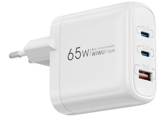 WiWU WI-U024 Ark GaN 65W High Quality Fast Charging USB Type-C x 2 + USB-A QC & PD Multi Port Power - White